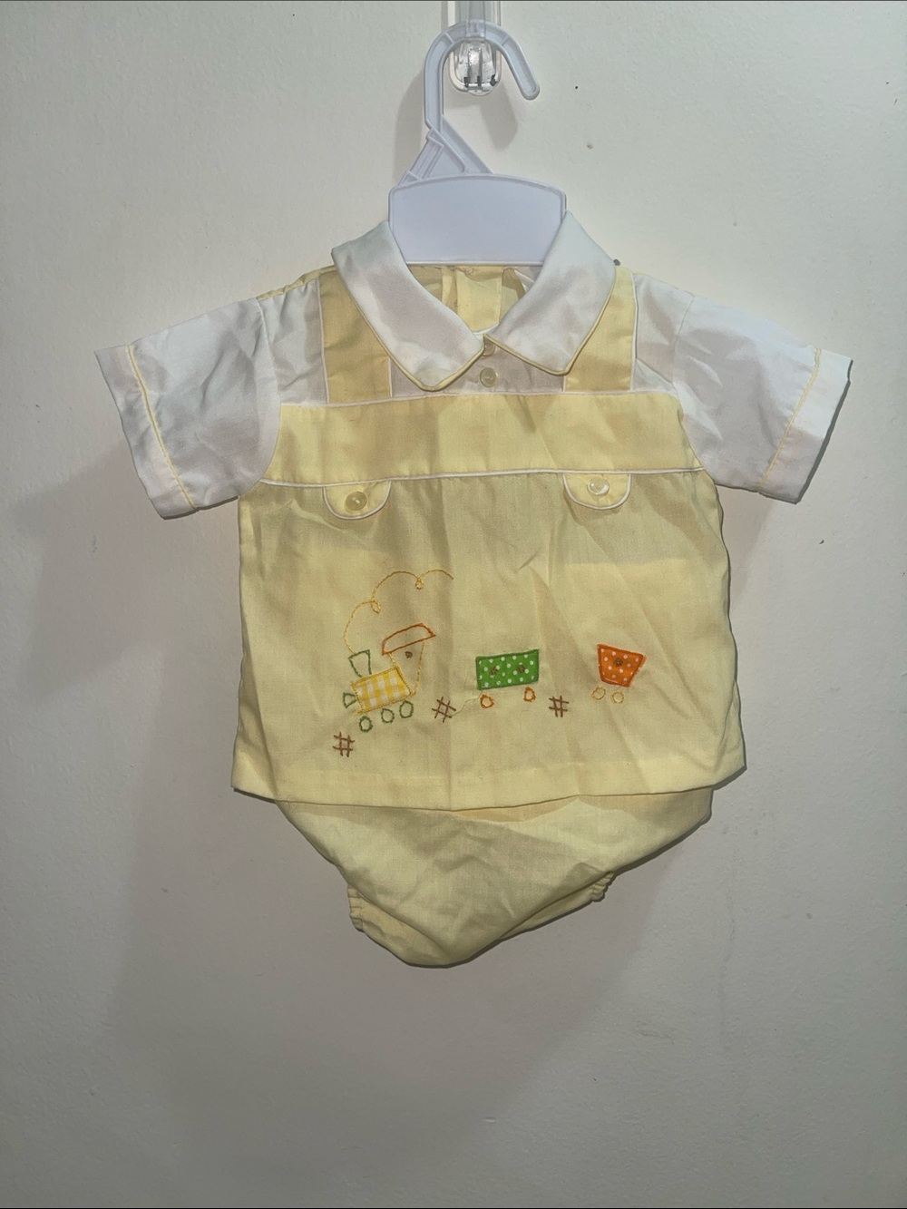 Vintage Mayfair Yellow and White Baby Suit Set Train Embroidery Plastic Pants
